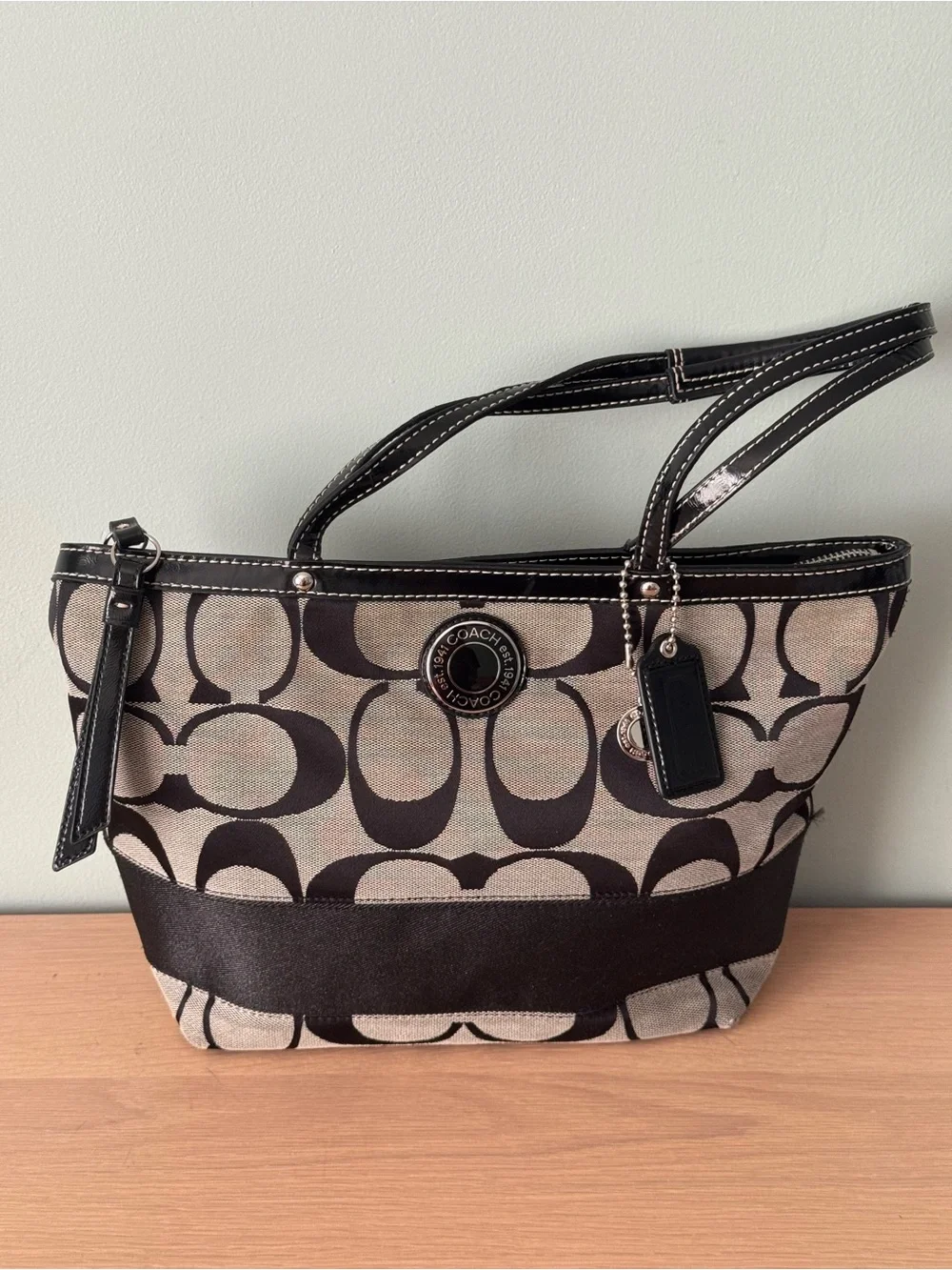 VTG Y2K Coach Signature Stripe Tote Black-On-Gray Monogram Jacquard Shoulder Bag